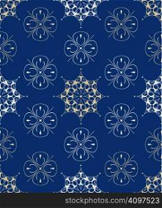 Seamless ornamental pattern on blue background. Vector abstract wallpaper.