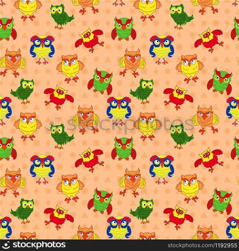 Seamless ornate with colorful funny cartoon owls for baby decoration on the muted beige pattern background