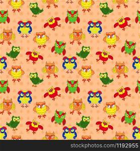 Seamless ornate with colorful funny cartoon owls for baby decoration on the muted beige pattern background