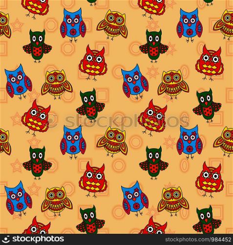 Seamless ornate with colorful funny cartoon owls for baby decoration on the beige pattern background