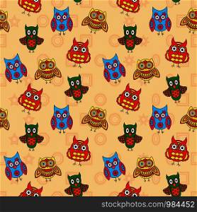 Seamless ornate with colorful funny cartoon owls for baby decoration on the beige pattern background