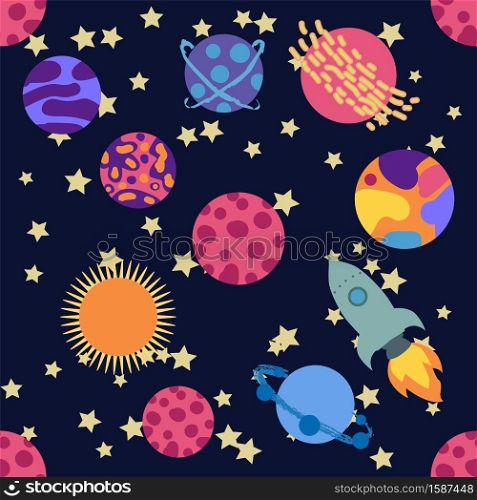 Seamless outer space ufo rocket science kids background pattern.. Seamless outer space ufo rocket science kids background pattern