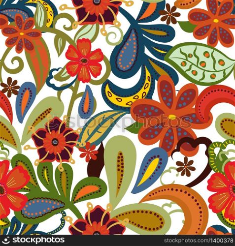 Seamless Paisley background.Colorful flowers and leafs on white background. Vector illustration.. Seamless Paisley background.Colorful flowers and leafs on white