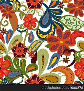 Seamless Paisley background.Colorful flowers and leafs on white background. Vector illustration.. Seamless Paisley background.Colorful flowers and leafs on white