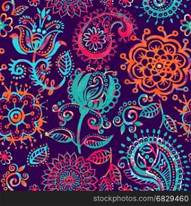 Seamless Paisley background, floral pattern. Colorful ornamental backdrop. Color wallpaper with decorative flowers