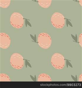 Seamless pale pattern with cartoon mandarin silhouettes. Pink simple food shapes on grey background. Doodle food print. Perfect for fabric design, textile print, wrapping, cover. Vector illustration.. Seamless pale pattern with cartoon mandarin silhouettes. Pink simple food shapes on grey background. Doodle food print.