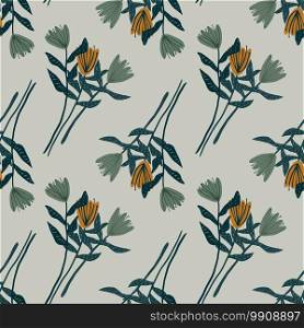 Seamless pale pattern with contoured abstract tulip bouquets. Botanic ornament in green and stone tones. For wallpaper, textile, wrapping, fabric print. Vector illustration.. Seamless pale pattern with contoured abstract tulip bouquets. Botanic ornament in green and stone tones. Dark pastel grey background.