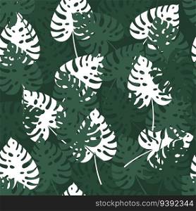 Seamless palm leaf pattern. Tropical summer texture with green and white monstera leaves. Jungle flora background. Decor textile, wrapping paper, wallpaper design. Print for fabric. Vector concept. Seamless palm leaf pattern. Tropical summer texture with green and white monstera leaves. Jungle flora background. Decor textile, wrapping paper, wallpaper design. Vector concept