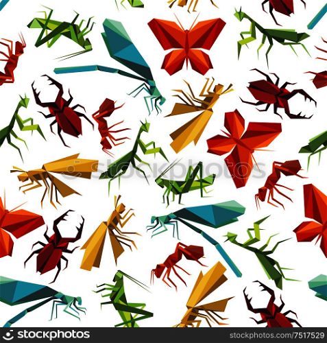 Seamless paper origami insects pattern background for nature theme design with colorful butterflies and ants, dragonflies, beetles and grasshoppers, mantises and locusts. Colorful insects seamless pattern in origami style