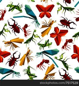 Seamless paper origami insects pattern background for nature theme design with colorful butterflies and ants, dragonflies, beetles and grasshoppers, mantises and locusts. Colorful insects seamless pattern in origami style