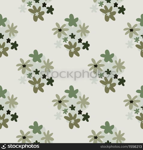 Seamless pastel pale pattern with daisy flowers silhouettes. Light grey background with green and beige floral ornament. Designed for wallpaper, textile, wrapping, fabric print. Vector illustration.. Seamless pastel pale pattern with daisy flowers silhouettes. Light grey background with green and beige floral ornament.