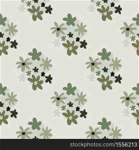 Seamless pastel pale pattern with daisy flowers silhouettes. Light grey background with green and beige floral ornament. Designed for wallpaper, textile, wrapping, fabric print. Vector illustration.. Seamless pastel pale pattern with daisy flowers silhouettes. Light grey background with green and beige floral ornament.