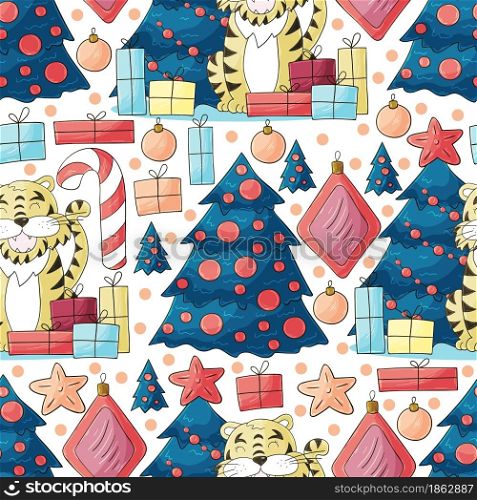 Seamless pastel pattern for year of the tiger 2022. Pattern. Tiger, Christmas tree, gifts, candy cane. Can be used for fabric, packaging, wrapping paper and etc. Faces of tigers. Symbol of 2022. Tigers in hand draw style. New Year 2022