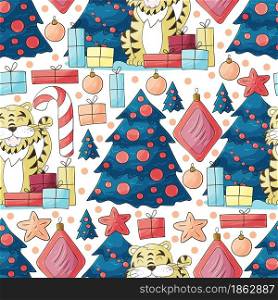 Seamless pastel pattern for year of the tiger 2022. Pattern. Tiger, Christmas tree, gifts, candy cane. Can be used for fabric, packaging, wrapping paper and etc. Faces of tigers. Symbol of 2022. Tigers in hand draw style. New Year 2022