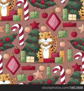 Seamless pastel pattern for year of the tiger 2022. Pattern. Tiger, Christmas tree, gifts, candy cane. Can be used for fabric, packaging,textile and etc. Faces of tigers. Symbol of 2022. Tigers in hand draw style. New Year 2022