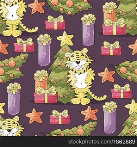 Seamless pastel pattern for year of the tiger 2022. Pattern. Tiger, Christmas tree, gifts, Christmas tree decorations. Can be used for fabric and etc. Faces of tigers. Symbol of 2022. Tigers in hand draw style. New Year 2022