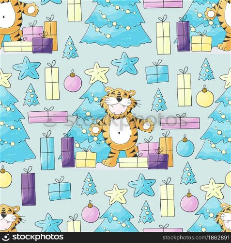 Seamless pastel pattern for year of the tiger 2022. Pattern. Tiger, Christmas tree, gifts, Christmas tree decorations. Can be used for fabric, wrapping and etc. Faces of tigers. Symbol of 2022. Tigers in hand draw style. New Year 2022