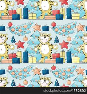 Seamless pastel pattern for year of the tiger 2022. Pattern. Tiger, Christmas tree, gifts, Christmas tree decorations. Can be used for wrapping and etc. Faces of tigers. Symbol of 2022. Tigers in hand draw style. New Year 2022