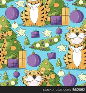Seamless pastel pattern for year of the tiger 2022. Pattern in hand draw style. Tiger, Christmas tree, gifts. Can be used for fabric and etc. Faces of tigers. Symbol of 2022. Tigers in hand draw style. New Year 2022