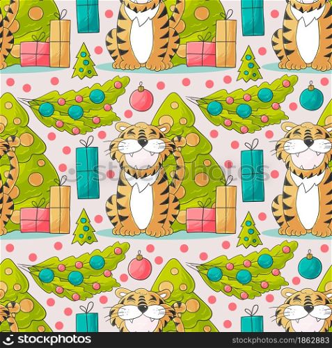 Seamless pastel pattern for year of the tiger 2022. Pattern in hand draw style. Tiger, Christmas tree, gifts. Can be used for fabric, packaging and etc. Faces of tigers. Symbol of 2022. Tigers in hand draw style. New Year 2022