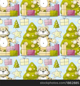 Seamless pastel pattern for year of the tiger 2022. Pattern in hand draw style. Tiger, Christmas tree, gifts. Can be used for fabric. Faces of tigers. Symbol of 2022. Tigers in hand draw style. New Year 2022