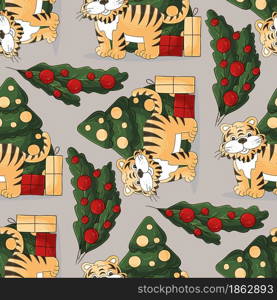 Seamless pastel pattern for year of the tiger 2022. Pattern. Tiger, Christmas tree, gifts. Can be used for fabric, packaging, wrapping paper and etc. Faces of tigers. Symbol of 2022. Tigers in hand draw style. New Year 2022