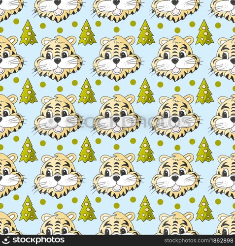 Seamless pastel pattern with the heads of tigers in Christmas hats, Christmas trees. Year of the tiger 2022. Can be used for fabric, packaging, wrapping and etc. Faces of tigers. Symbol of 2022. Tigers in hand draw style. New Year 2022