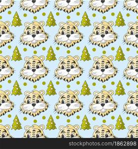 Seamless pastel pattern with the heads of tigers in Christmas hats, Christmas trees. Year of the tiger 2022. Can be used for fabric, packaging, wrapping and etc. Faces of tigers. Symbol of 2022. Tigers in hand draw style. New Year 2022