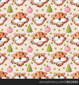 Seamless pastel pattern with the heads of tigers in Christmas hats, Christmas trees. Year of the tiger 2022. Can be used for fabric, wrapping paper and etc. Faces of tigers. Symbol of 2022. Tigers in hand draw style. New Year 2022