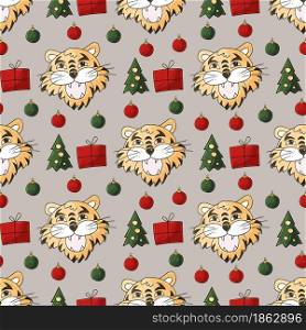 Seamless pastel pattern with the heads of tigers in Christmas hats, Christmas trees. Pattern. Year of the tiger 2022. Can be used for fabric and etc. Faces of tigers. Symbol of 2022. Tigers in hand draw style. New Year 2022