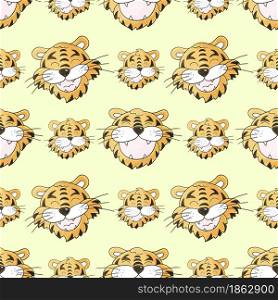 Seamless pastel pattern with tigers faces. Pattern in hand draw style. New Year&rsquo;s holidays 2022. Year of the tiger. Can be used for fabric and etc. Faces of tigers. Symbol of 2022. Tigers in hand draw style. New Year 2022