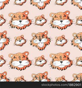 Seamless pastel pattern with tigers faces. Pattern in hand draw style. New Year&rsquo;s holidays 2022. Year of the tiger. Can be used for packaging and etc. Faces of tigers. Symbol of 2022. Tigers in hand draw style. New Year 2022