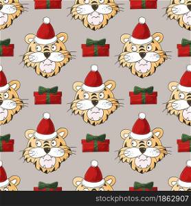 Seamless pastel pattern with tigers heads in New Year&rsquo;s hats, gifts. Pattern in hand draw style. Year of the tiger 2022. Can be used for fabric, wrapping and etc. Faces of tigers. Symbol of 2022. Tigers in hand draw style. New Year 2022