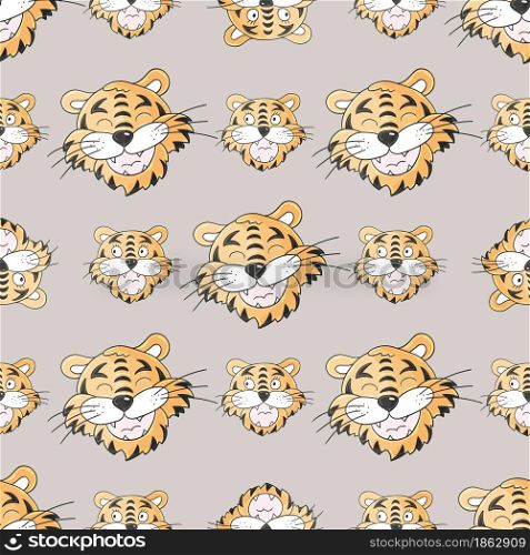 Seamless pastel pattern with tigers heads. Pattern in hand draw style. Year of the tiger 2022. Can be used for fabric and etc. Faces of tigers. Symbol of 2022. Tigers in hand draw style. New Year 2022