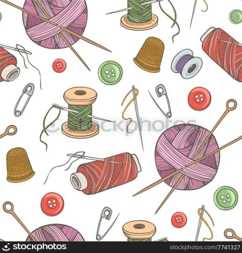 Seamless patter with sewing and needlework tools and accessories. Hand drawn vector background