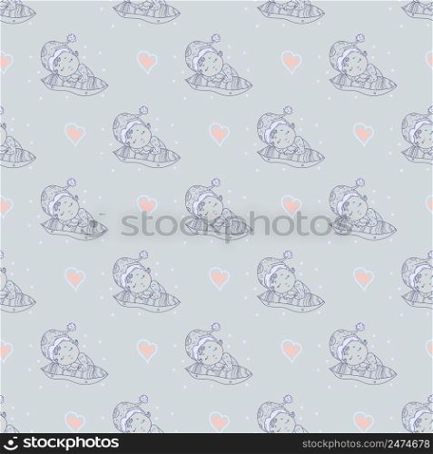 Seamless pattern. A cute baby in a hat with a balambon sleeps sweetly on a pillow. Vector decorative illustration on a light gray background with hearts. line, outline. Vector illustration