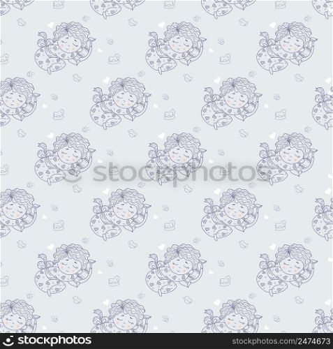 Seamless pattern. A cute baby in pajamas sleeps sweetly on a pillow. Vector decorative illustration on a light gray background with hearts and toys. line, outline. Vector illustration