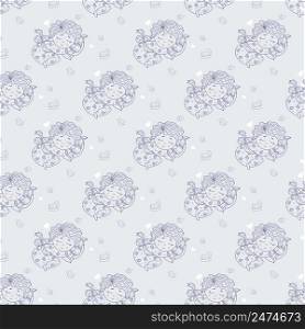 Seamless pattern. A cute baby in pajamas sleeps sweetly on a pillow. Vector decorative illustration on a light gray background with hearts and toys. line, outline. Vector illustration