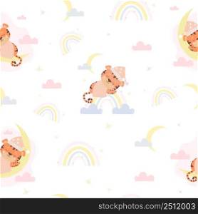 Seamless pattern. A cute sleeping tiger animal in a cap and under a blanket sleeps on a rainbow. White background with clouds and moon. Vector illustration. Scandinavian Kids Collection 
