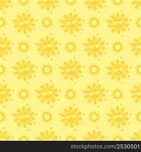 Seamless pattern. A cute yellow sun in sunglasses is smiling. Yellow background. Vector illustration. Design, decor, packaging, printing, wallpaper, textiles, summer illustrations.