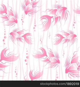 Seamless pattern. Abstract pink fish, waves and bubbles on white background. Vector creative illustration.