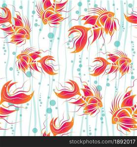 Seamless pattern. Abstract red colorful fish, waves and bubbles on white background. Creative illustration.