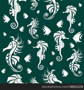 Seamless pattern. Abstract seahorse and fish design on dark green background. Vector creative illustration.