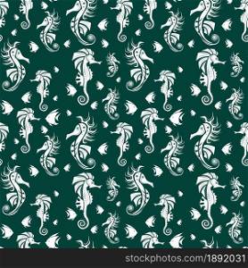Seamless pattern. Abstract seahorse and fish design on dark green background. Vector creative illustration.