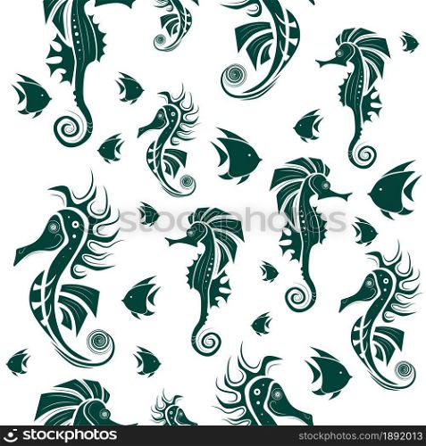 Seamless pattern. Abstract seahorse and fish design on white background. Vector creative illustration.