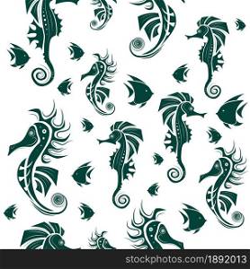 Seamless pattern. Abstract seahorse and fish design on white background. Vector creative illustration.