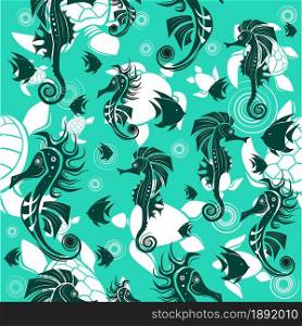 Seamless pattern. Abstract seahorse, fish and turtle design on menthol background. Vector creative illustration.