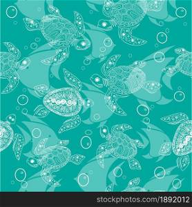 Seamless pattern. Abstract white contour turtle, fish and bubbles on menthol background. Vector creative illustration.