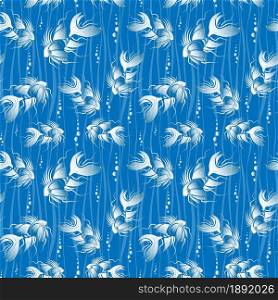 Seamless pattern. Abstract white fish, waves and bubbles on blue background. Creative illustration.