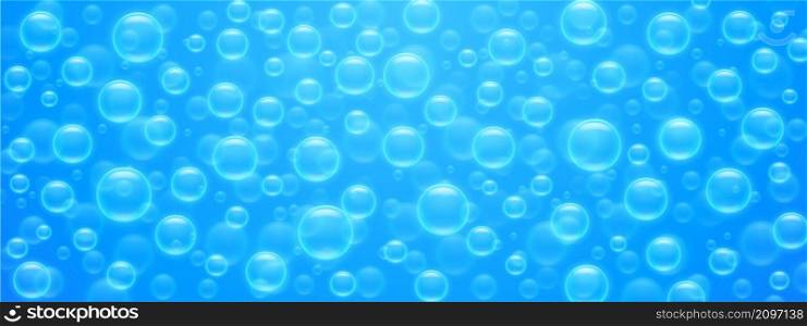 Seamless pattern air bubbles on blue water surface. Abstract background with transparent soap or shampoo balloons, underwater fizzing, texture or wallpaper design, Realistic 3d vector illustration. Seamless pattern air bubbles on blue water surface